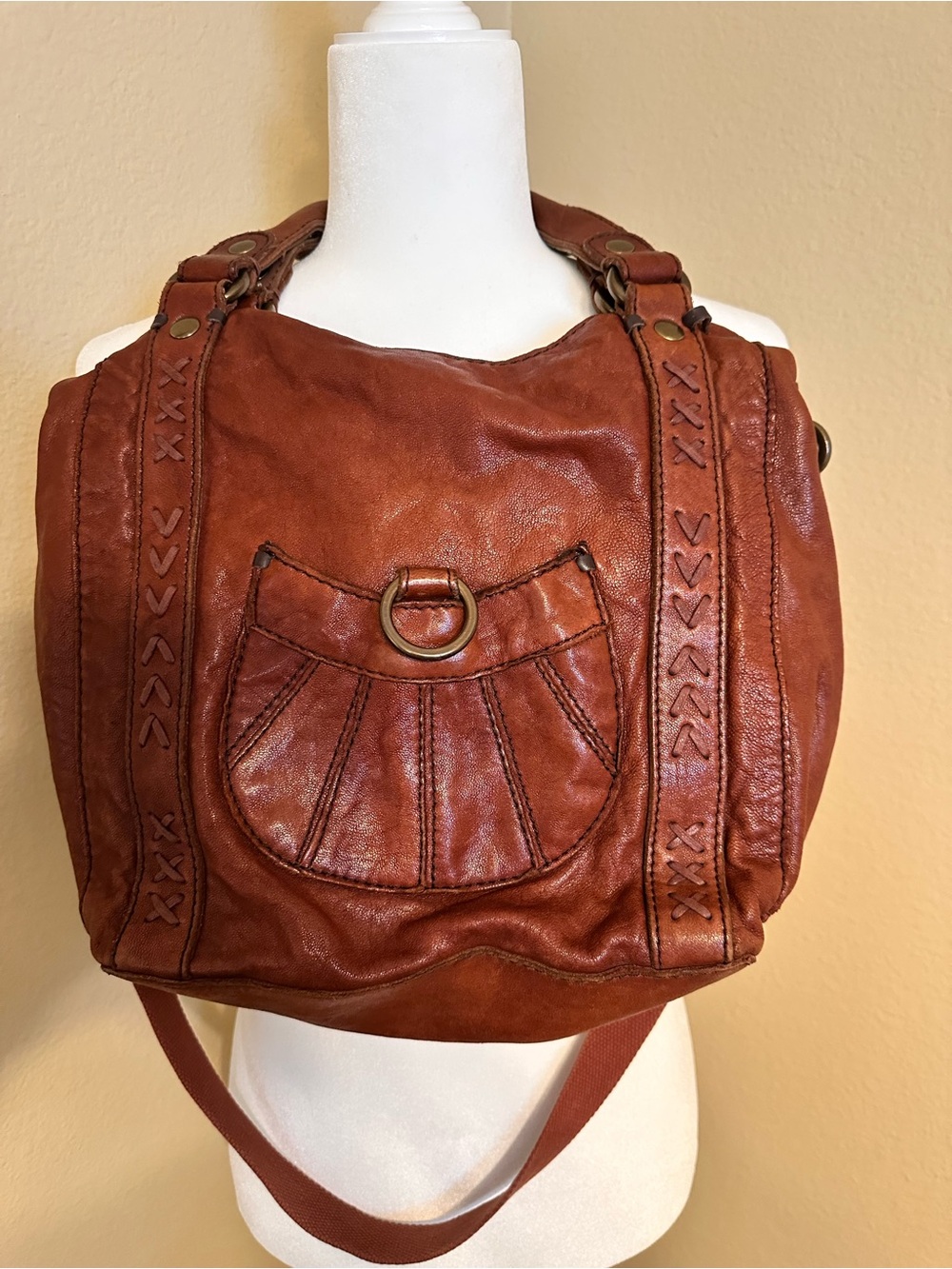 🍀 Vintage Lucky Brand "Stash" Cognac Leather Boho Hobo Shoulder Bag 🍀